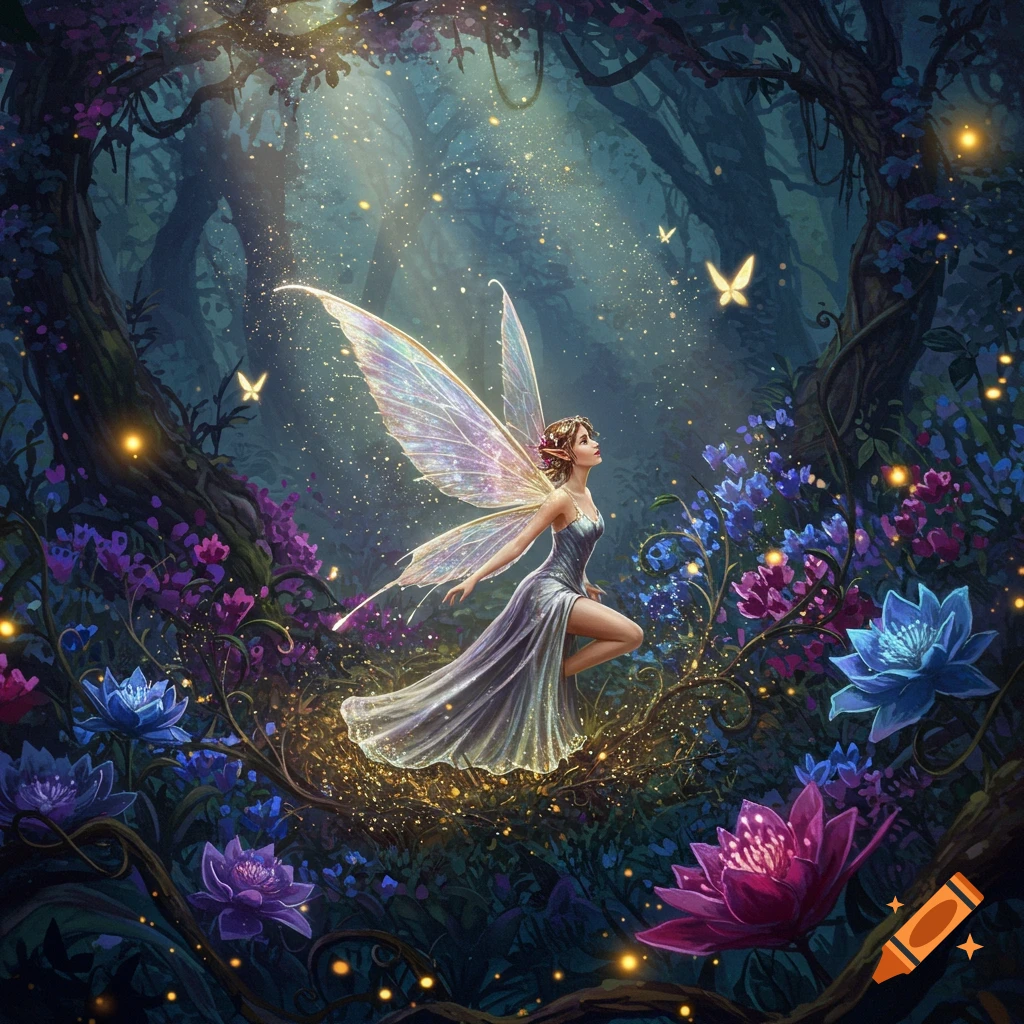A fairy with iridescent wings floats amidst glowing flowers in a dark, enchanted forest, illuminated by rays of light.
