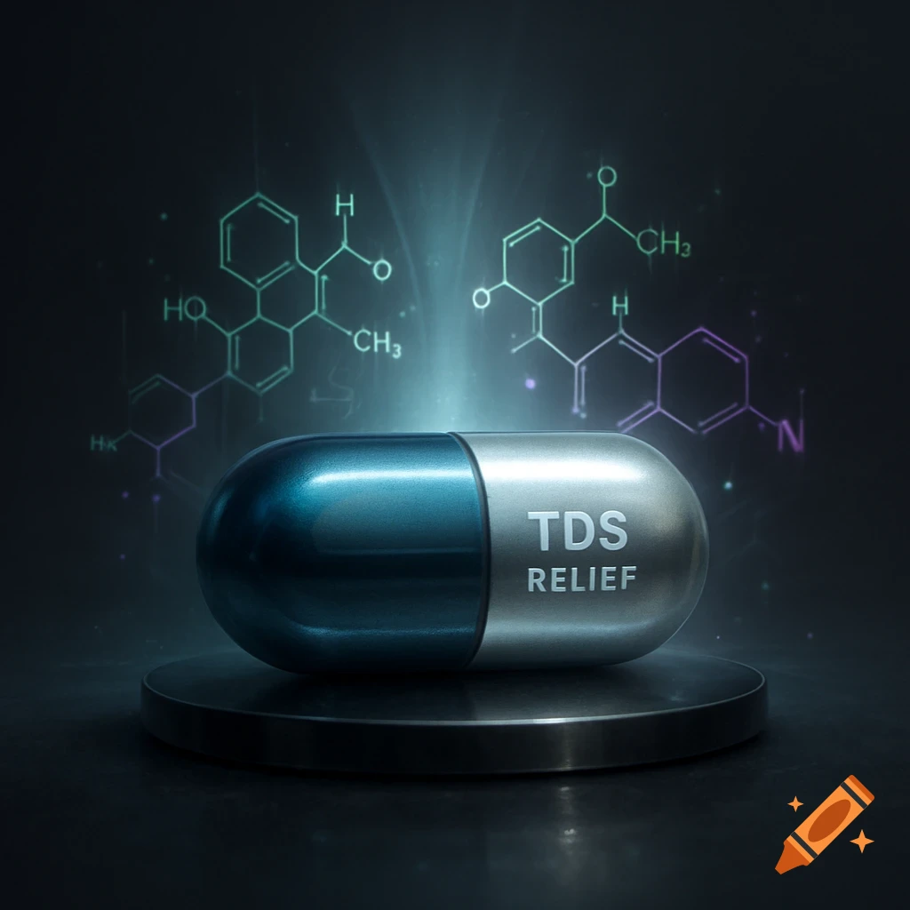 A blue and silver pill labeled 'TDS RELIEF' sits on a dark pedestal, with glowing green and purple chemical structures in the background.