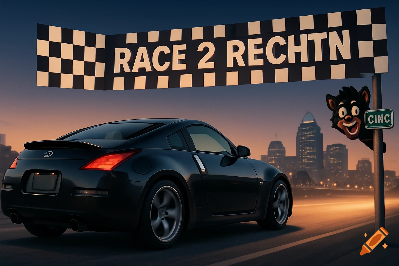 A black Nissan 350z approaches a checkered finish line banner that reads "RACE 2 RECHTIN" with a city skyline at sunset. A cartoon bear mascot peeks from behind a pole.