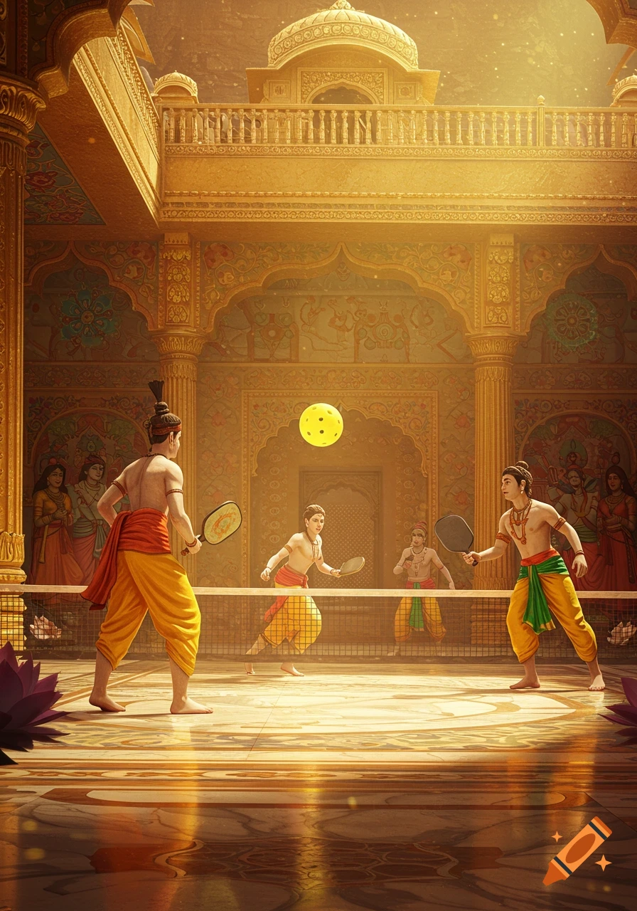 Four men in ancient Indian attire play pickleball in a sunlit, ornate golden palace courtyard.
