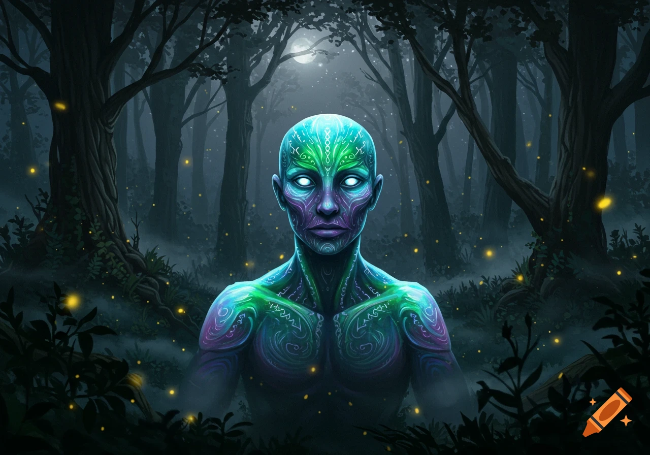 A stylized, glowing, blue and green humanoid figure with bright white eyes stands in a dark, misty forest with fireflies under a full moon. Digital art.