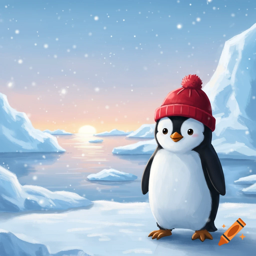 A cute cartoon penguin wearing a red hat stands in a snowy arctic landscape with icebergs and a sunset in the background, with falling snow.