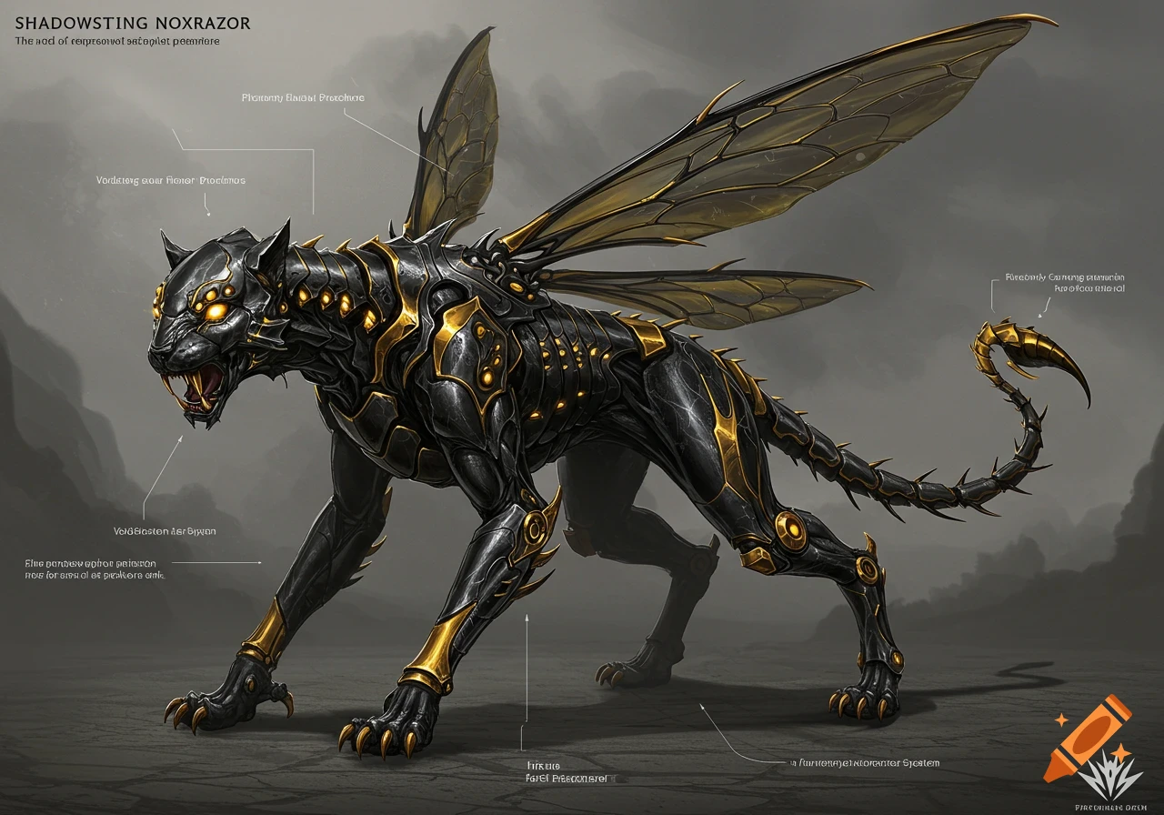 A dark biomechanical creature, a fusion of panther, bee, and scorpion, with glowing golden eyes and chitinous armor, stands ready for ambush.