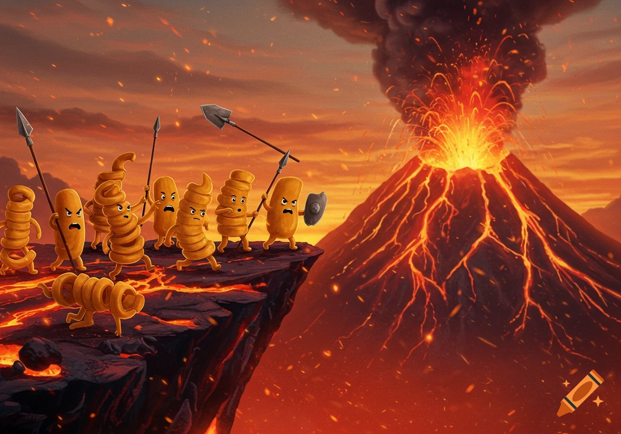 Cartoon curly fry characters with spears and shields stand on a lava-filled cliff, facing an erupting volcano.