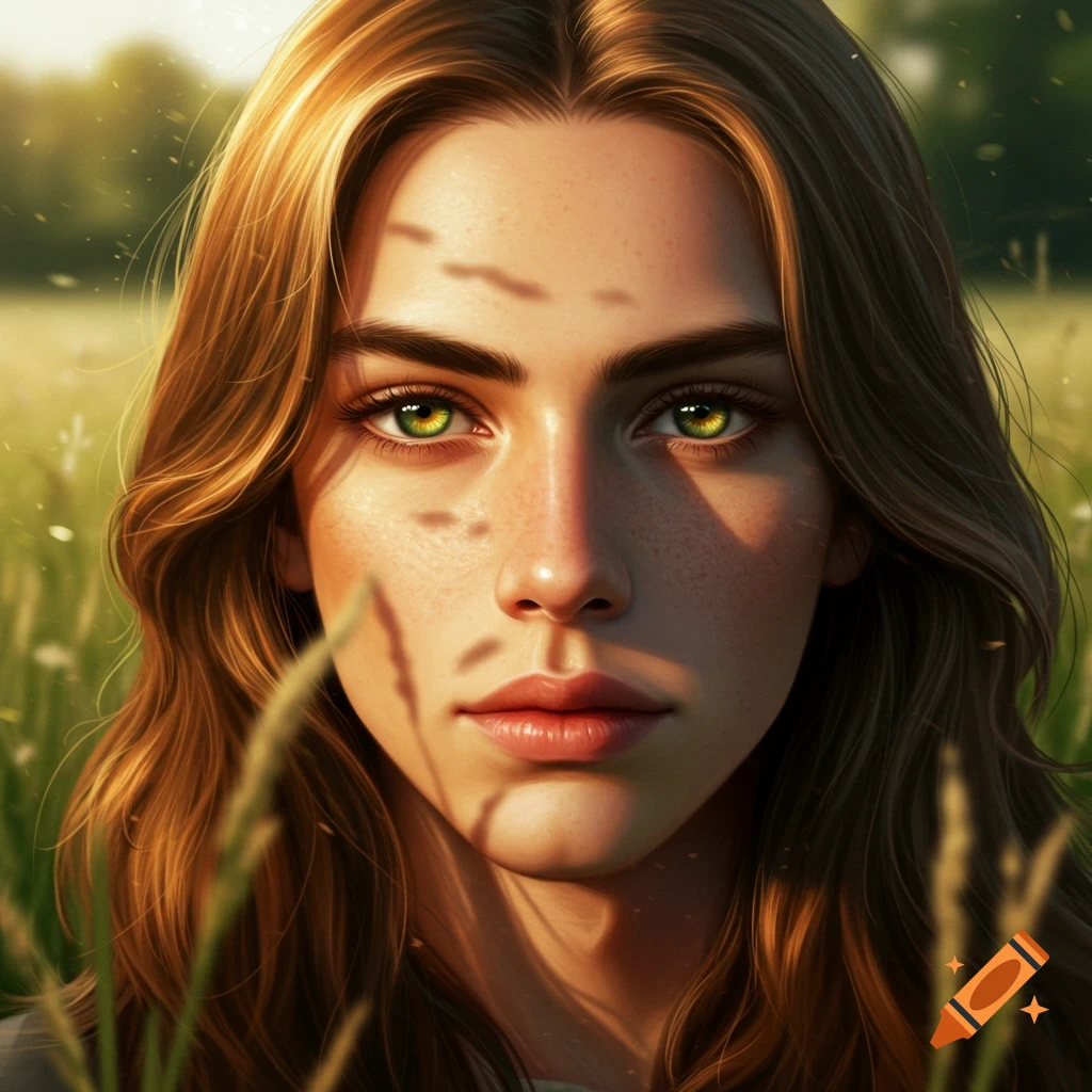 Close-up photorealistic portrait of a young woman with long brown hair and bright green eyes, in a sunny grassy field.