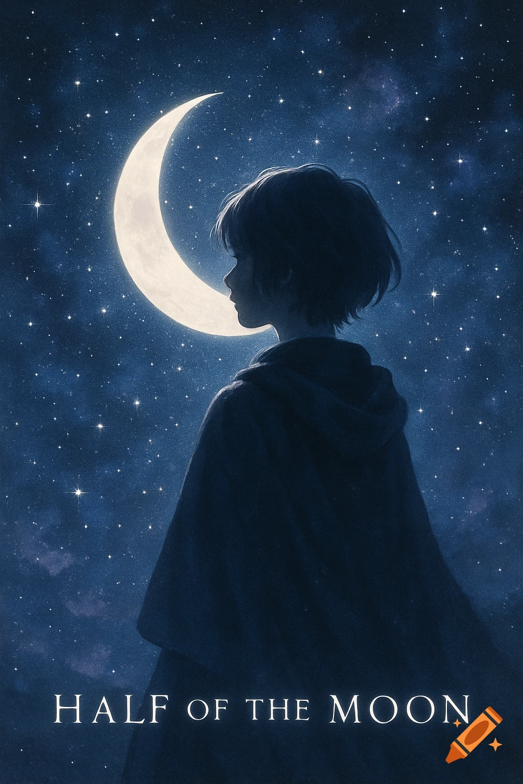 Digital art of a person's silhouette under a glowing crescent moon in a starry night sky with 'HALF OF THE MOON' text.