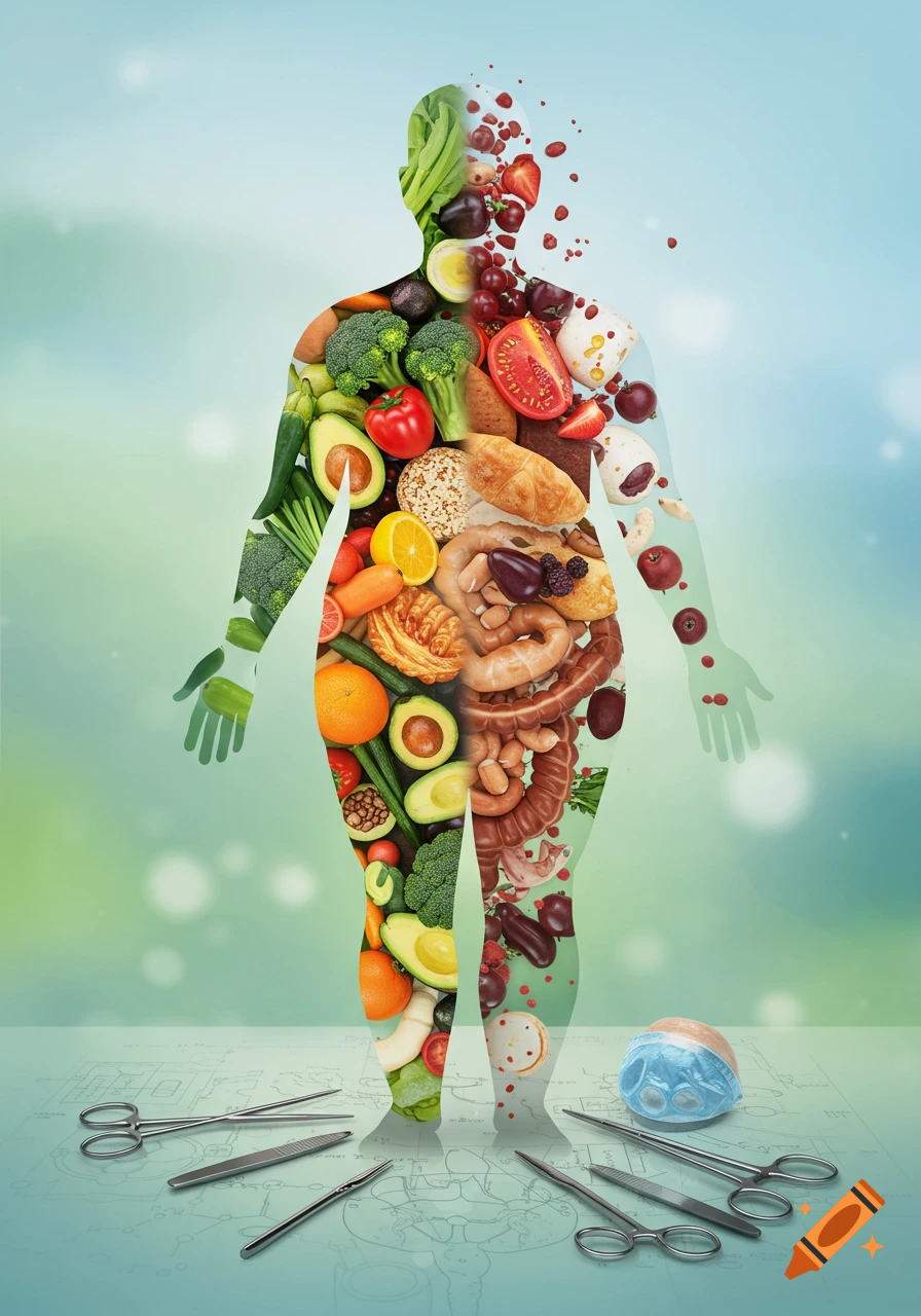A conceptual image of a human silhouette, one side healthy foods, the other processed foods and intestines, with surgical tools below.