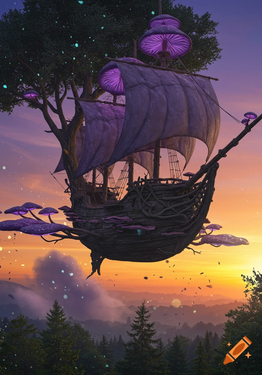 A fantastical wooden galleon ship, grown from a tree with glowing purple mushrooms, floats above a misty forest at sunset.