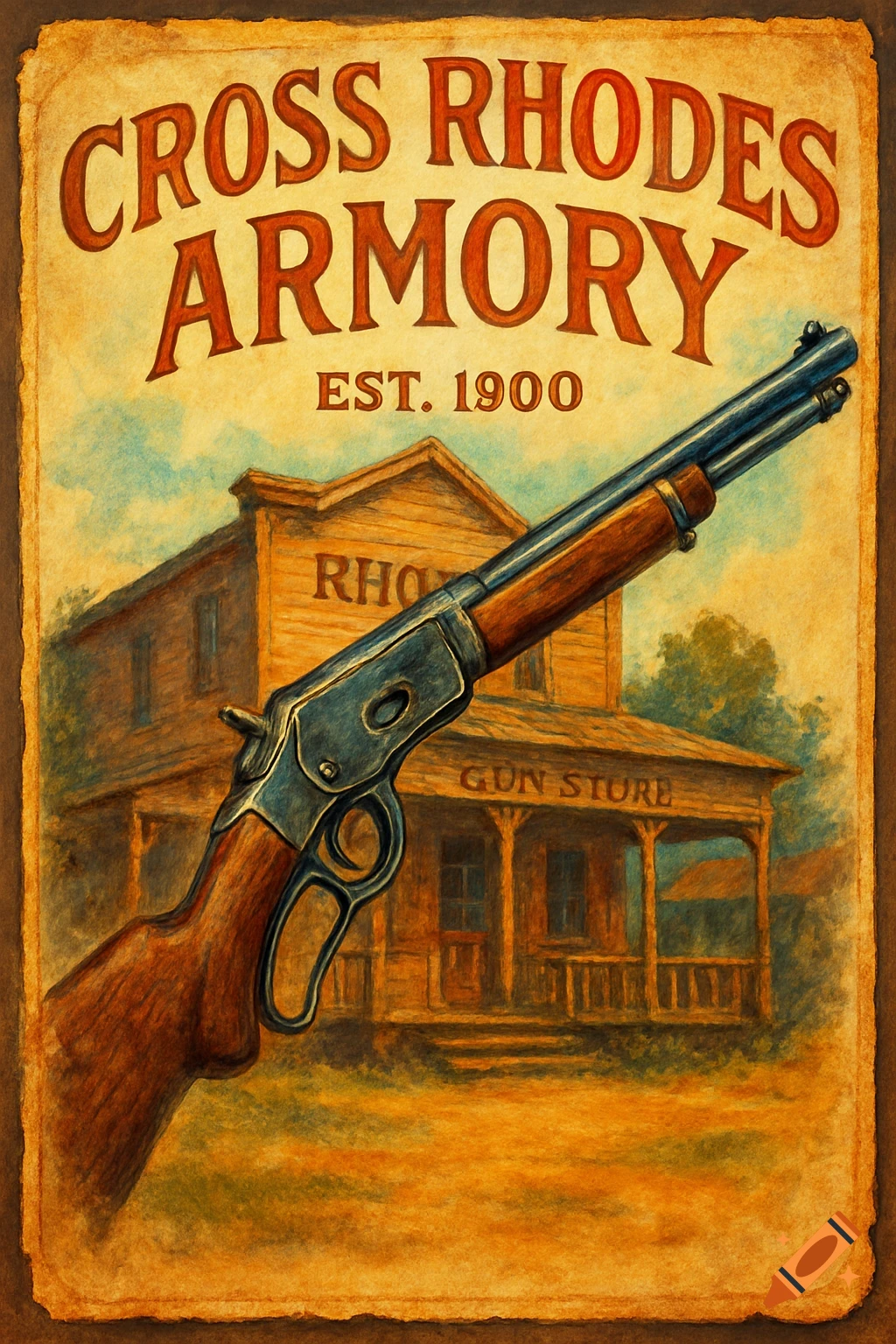 Vintage poster for Cross Rhodes Armory Est. 1900, with a rifle in front of a Western-style gun store.