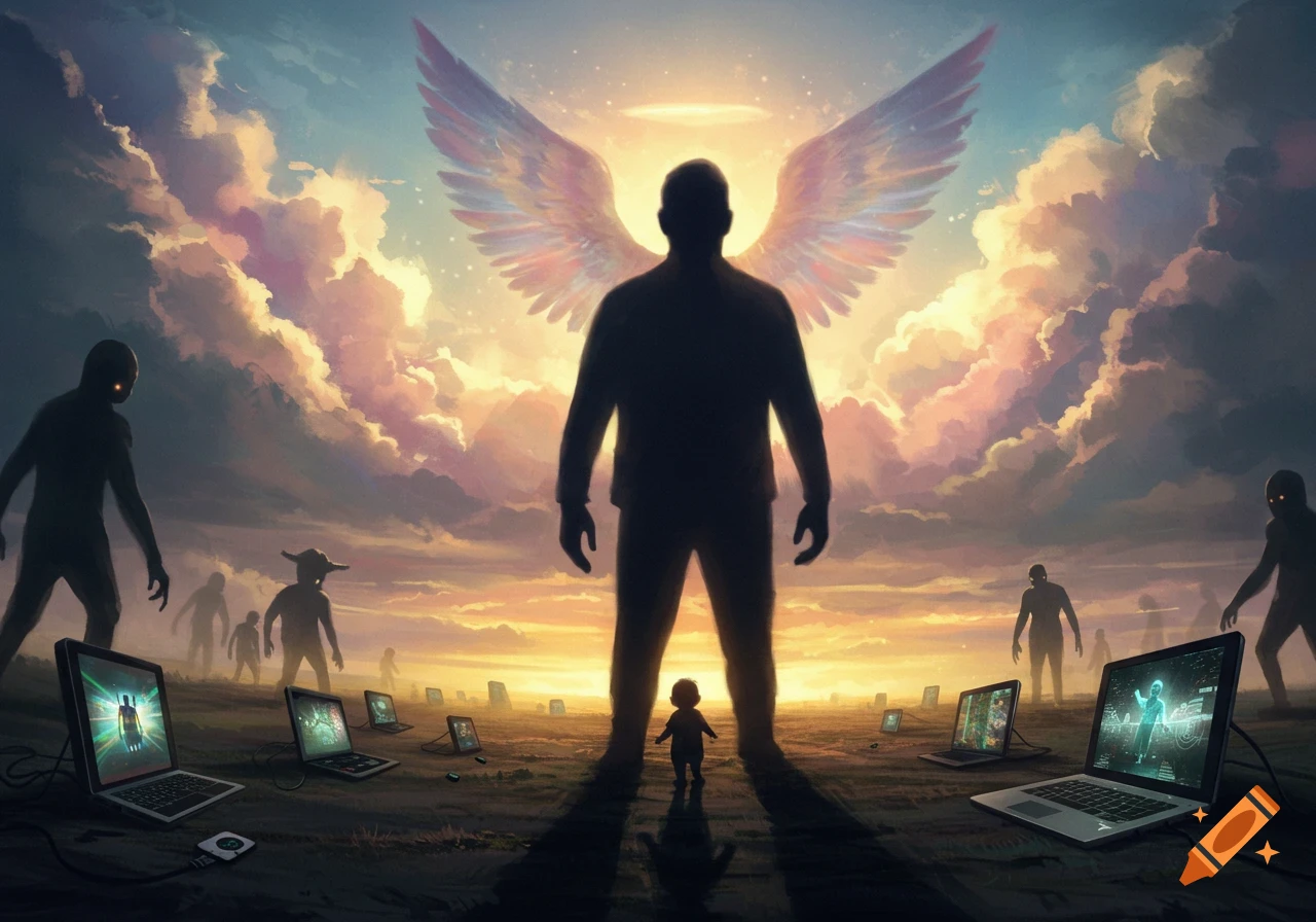 A silhouetted angelic figure protects a child from shadowy predators and technology under a dramatic, colorful sky, digital art.