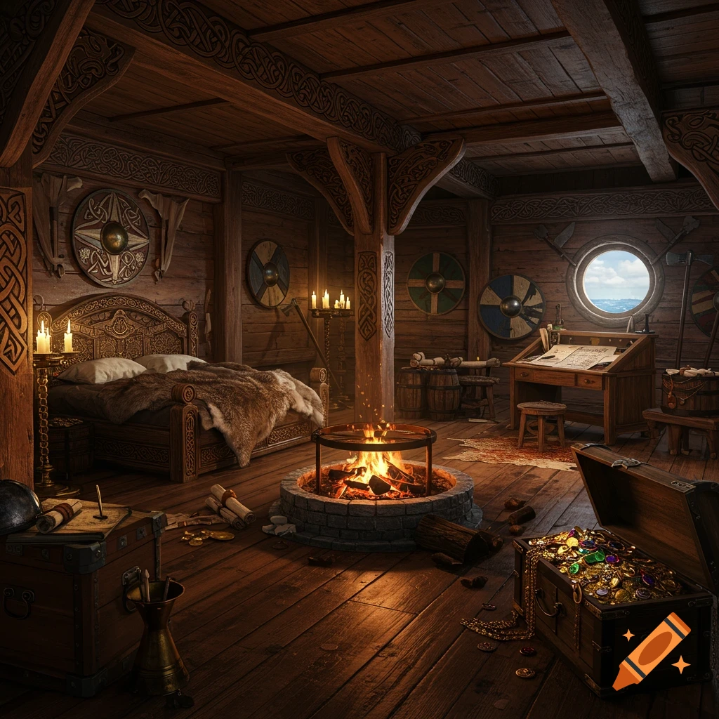A richly decorated Viking longship interior with a central fire pit, ornate bed, writing desk, and overflowing treasure chests, in a photorealistic style.