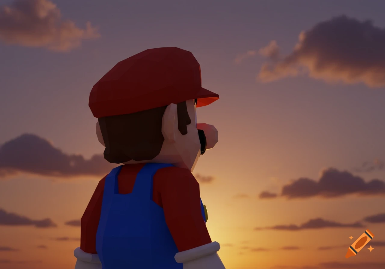 Low-polygon Mario character looking out at a colorful sunset.