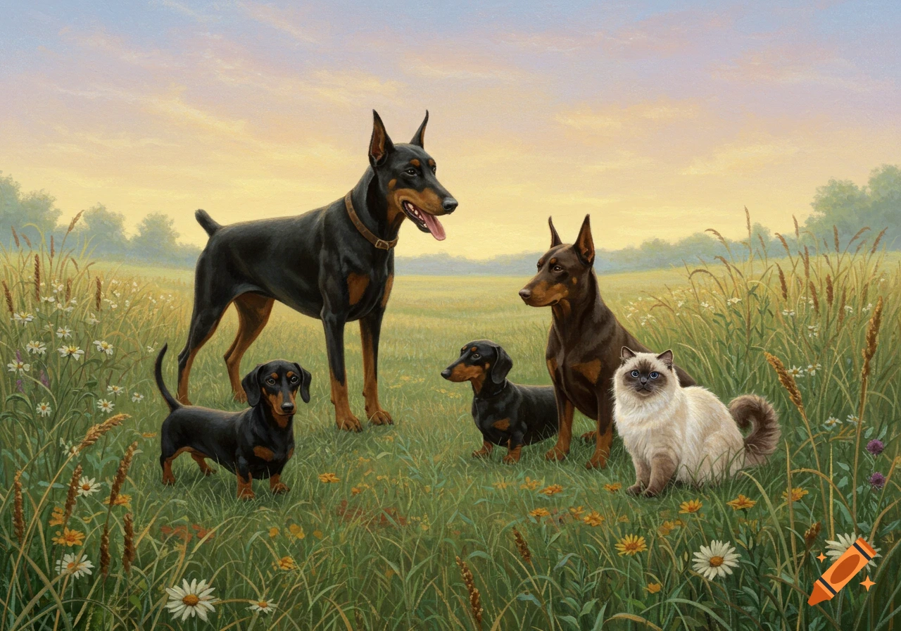 A painting of two Dobermans, two Dachshunds, and a Birman cat standing and sitting in a field of green grass and wildflowers under a serene sky.