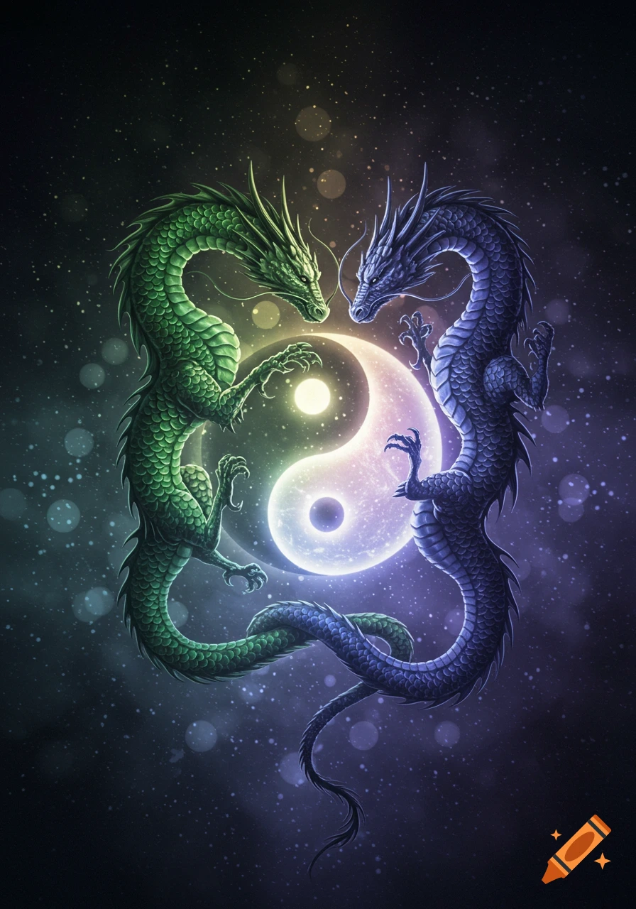 Two intricately detailed green and blue dragons surround a glowing yin-yang symbol in a starry cosmic background.