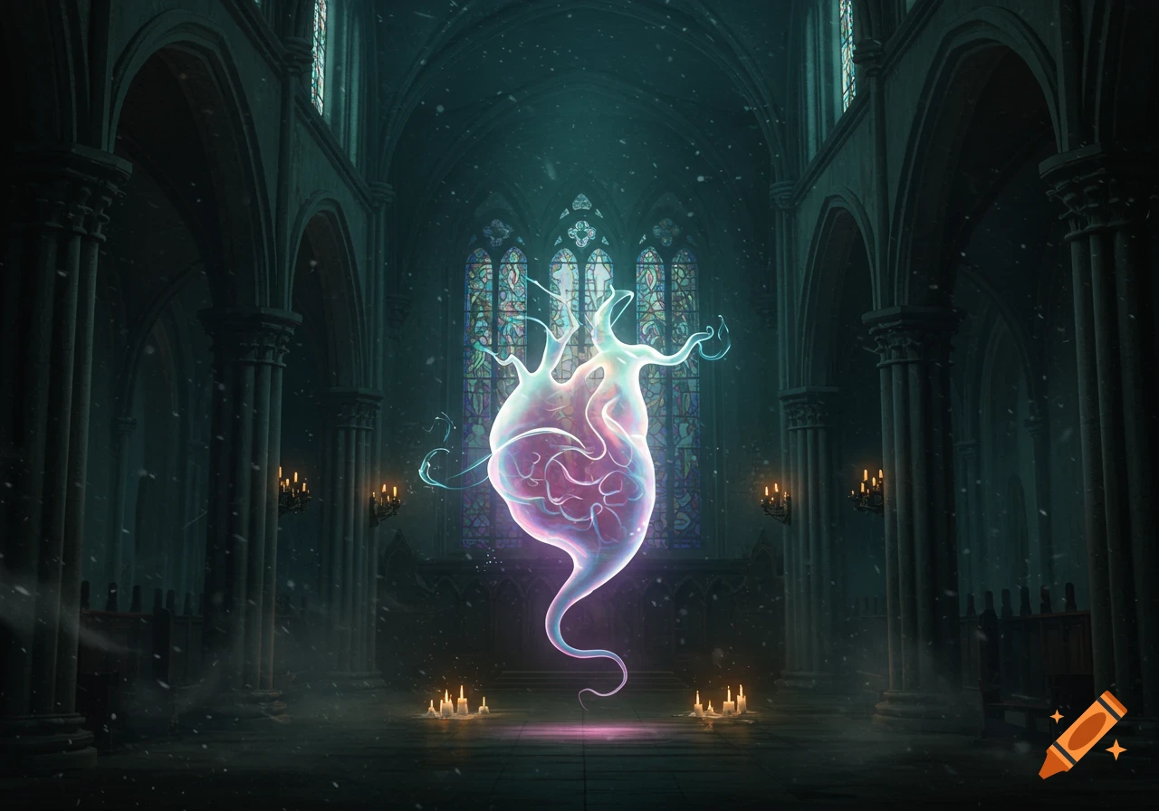 A glowing, translucent heart-like entity floats centrally in a dark, atmospheric gothic church with tall arches and stained glass windows.