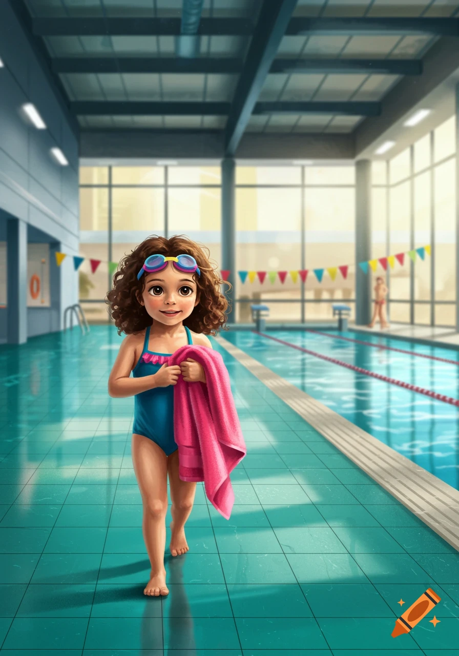 A young girl with curly brown hair and goggles holds a pink towel while walking at an indoor swimming pool.