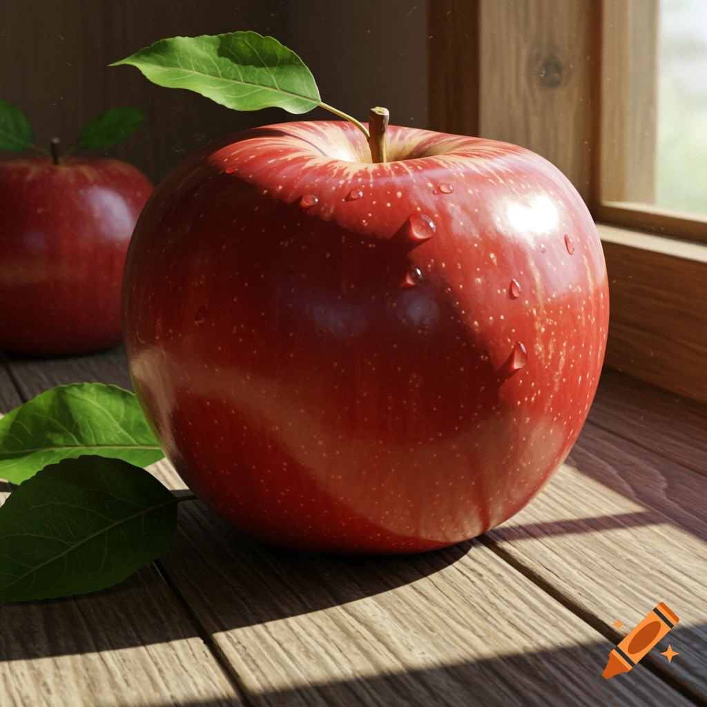 Close-up photorealistic image of a red apple with water droplets and a leaf on a wooden surface, another apple in background.