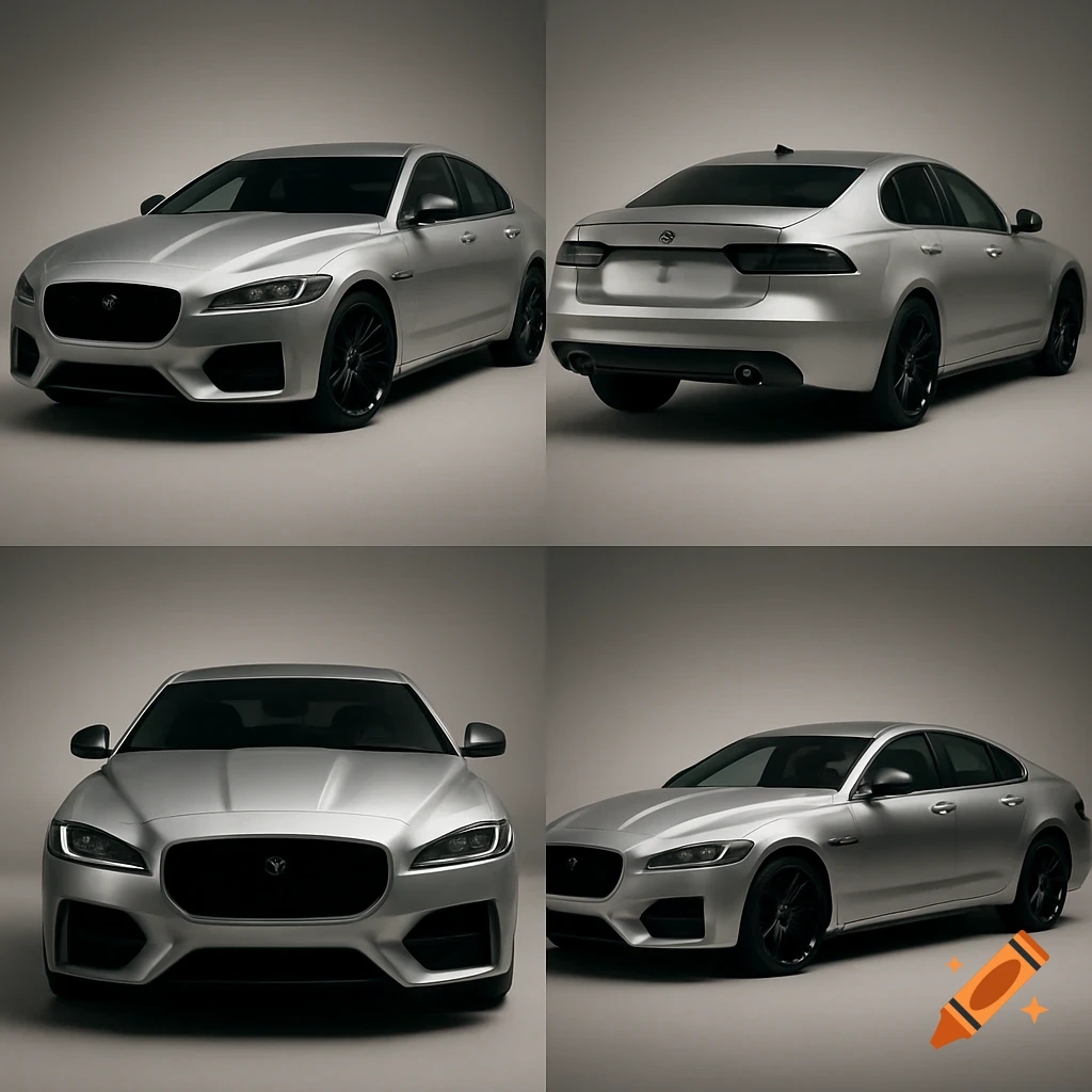 Four studio shots of a silver sedan car with black rims, black windows, and darkened headlights and taillights.