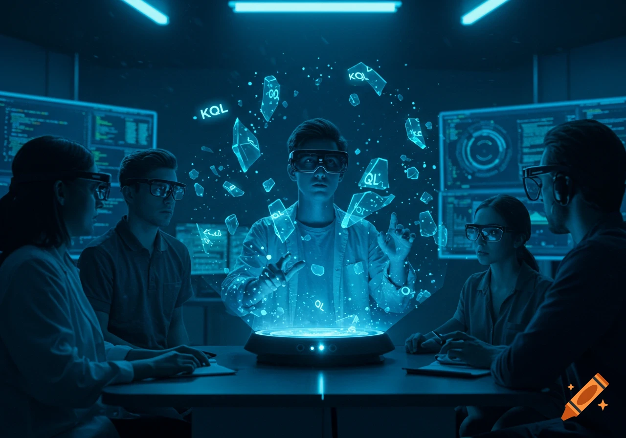 A group of people wearing AR glasses interact with a glowing blue holographic display of floating data shards in a dark, futuristic control room.