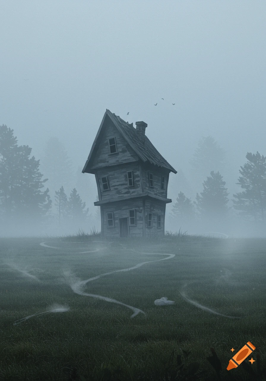 A crooked wooden house stands in a foggy green field with winding trails, surrounded by misty trees. Eerie, atmospheric.