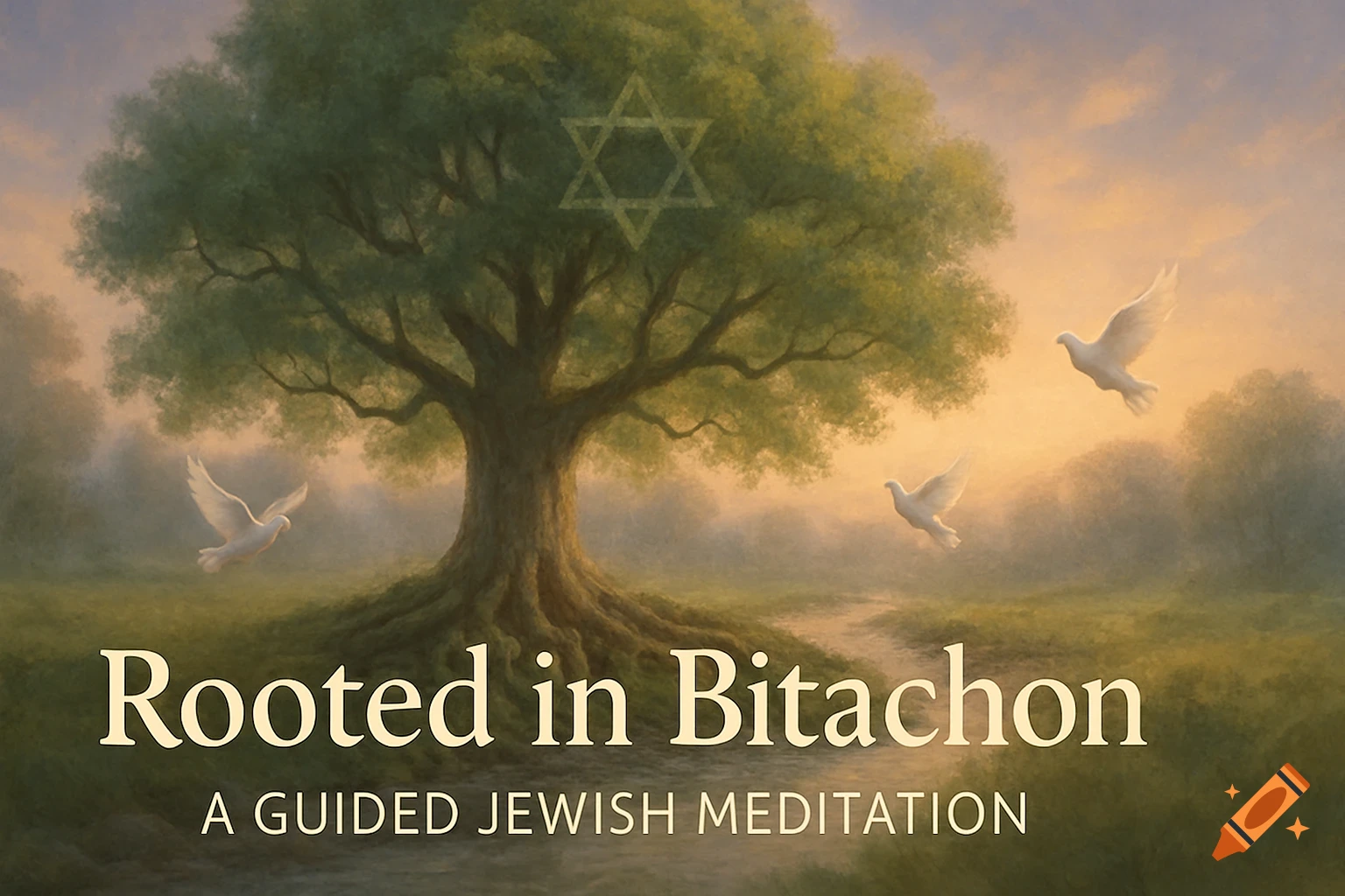 A large tree with a faint Star of David, three white doves flying, and text 'Rooted in Bitachon: A Guided Jewish Meditation' at sunset.