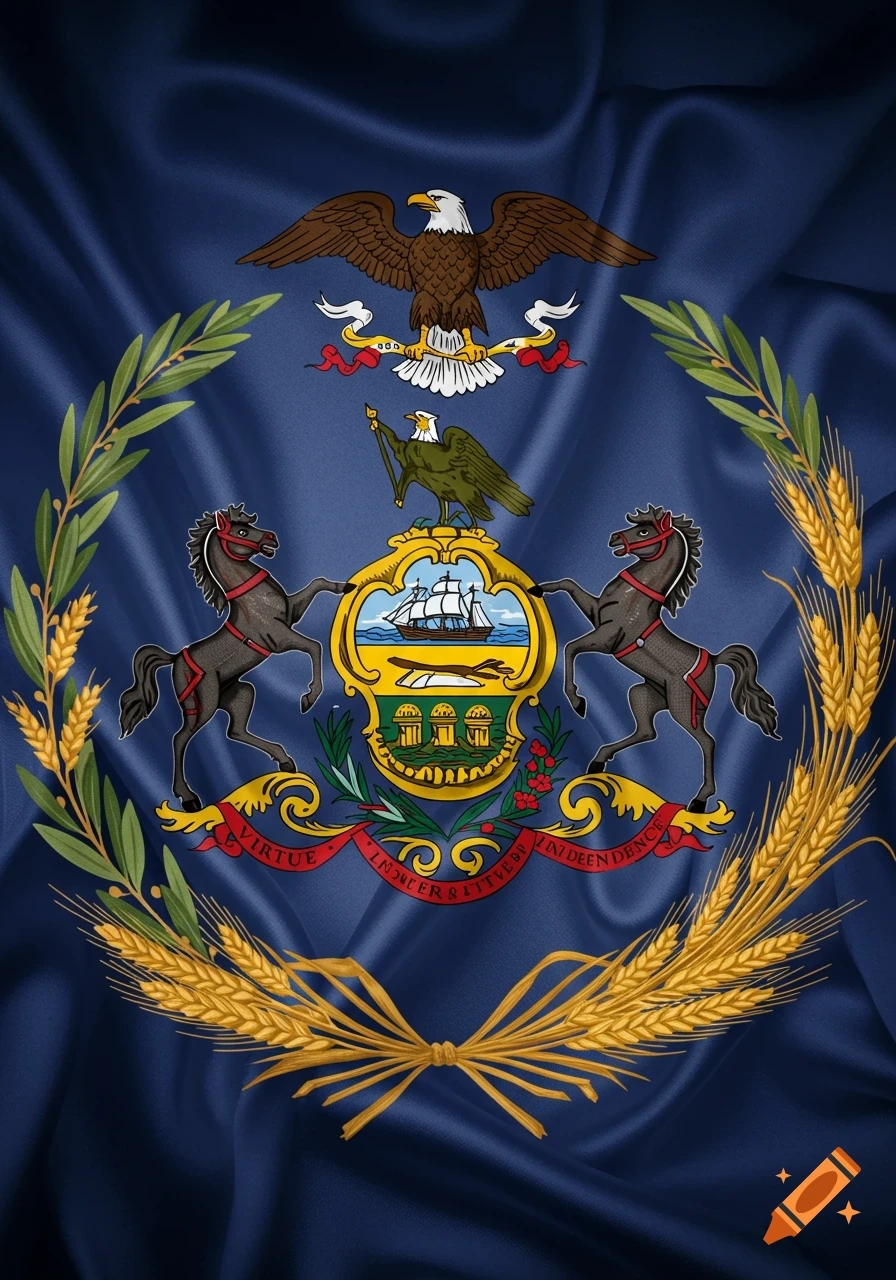 The Pennsylvania state flag with its blue field and the state's coat of arms featuring two horses, an eagle, a ship, and wheat, with a red banner displaying the motto.