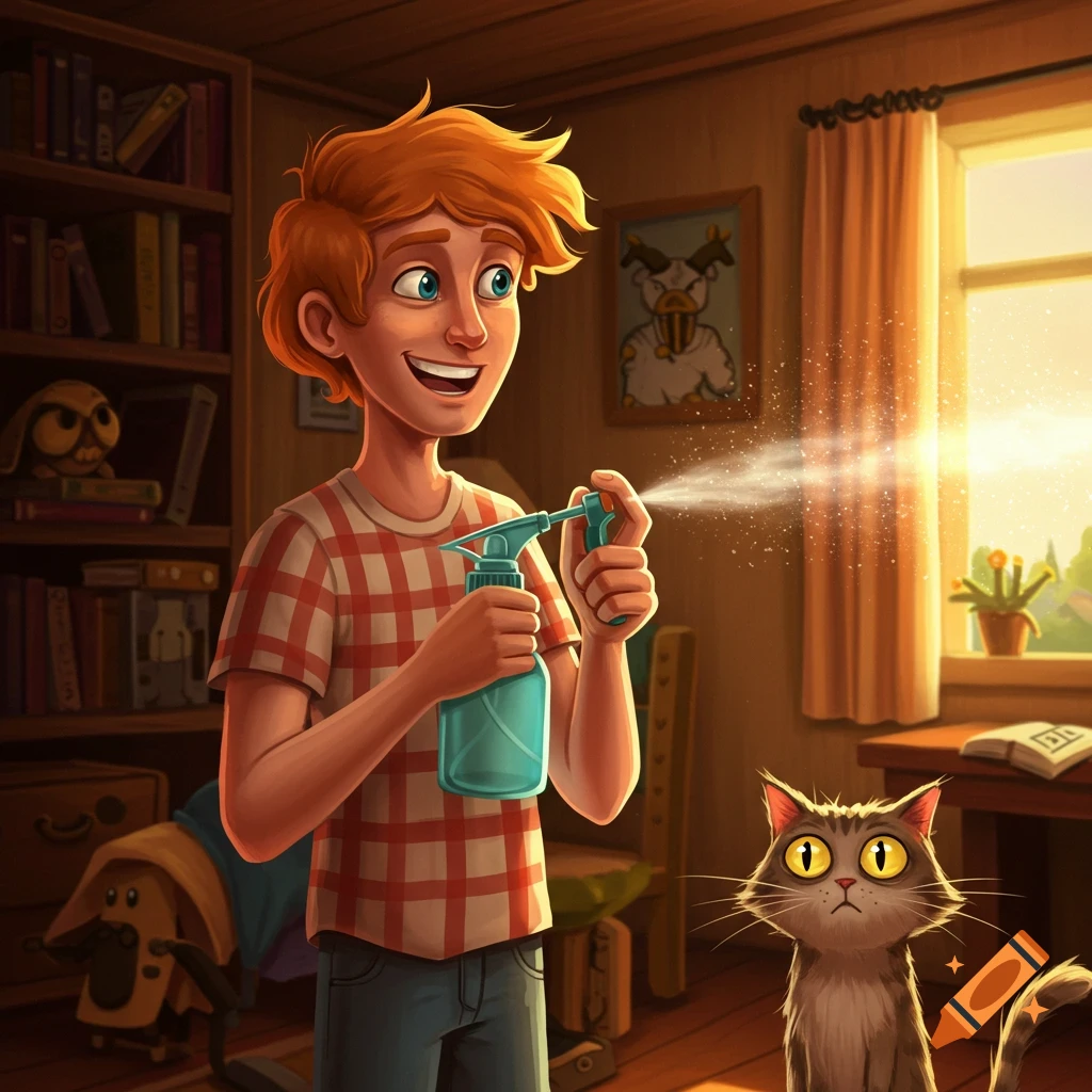 A smiling boy in a plaid shirt sprays water from a bottle towards a surprised cat with wide yellow eyes in a sunlit room.