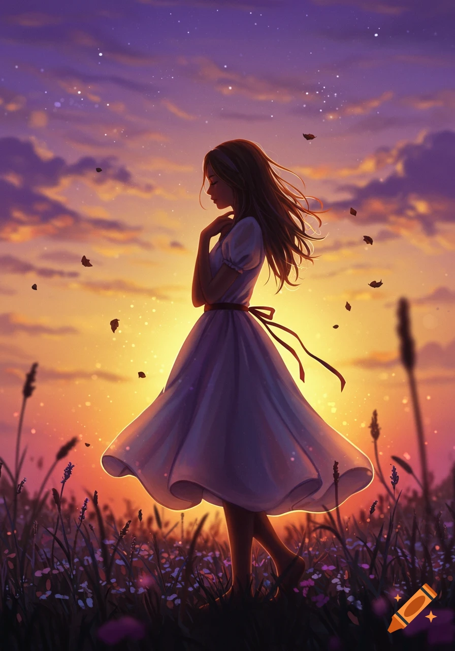 A stylized digital painting of a girl in a white dress standing in a field of tall grass and flowers at sunset.