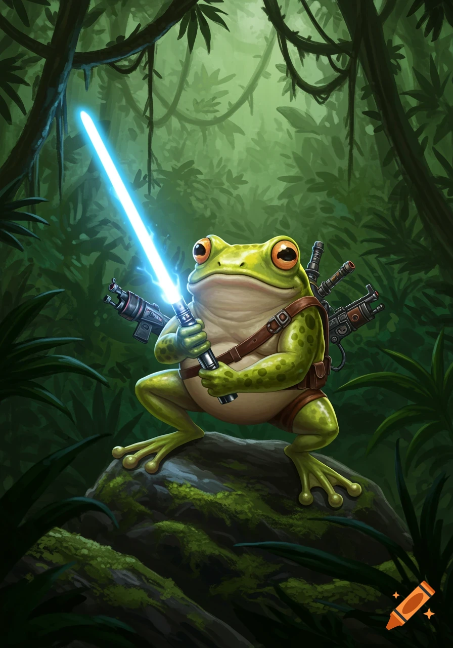 A green frog with a lightsaber and mini-guns on its back stands on a mossy rock in a lush jungle.