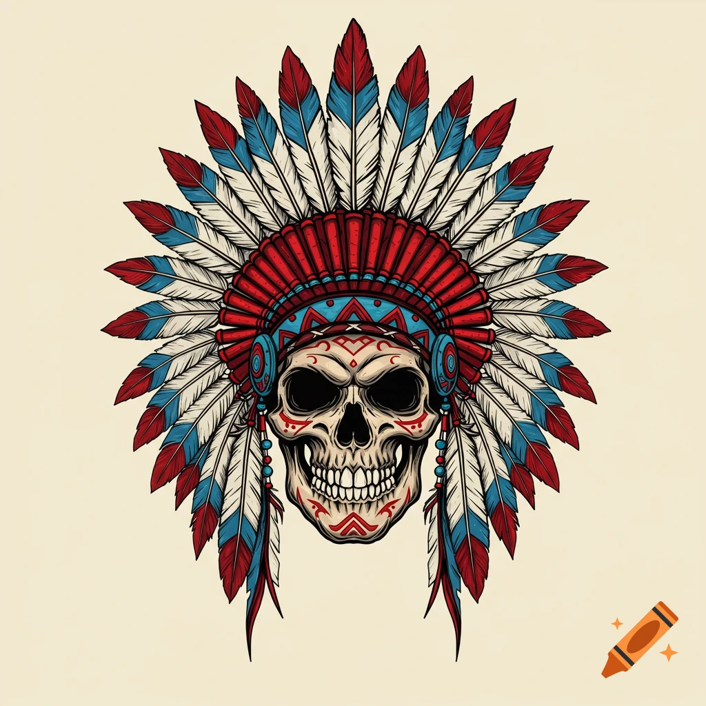 A colorful vector illustration of a skull wearing a red, white, and blue Native American feathered headdress.