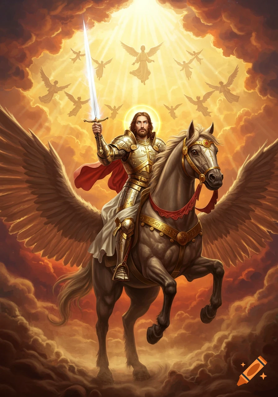 Jesus Christ in golden armor, riding a winged horse with a sword, surrounded by angels and glowing clouds.