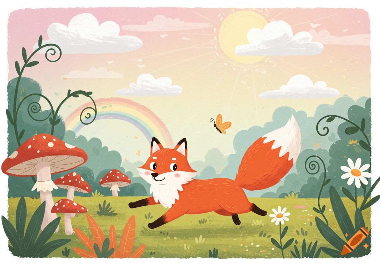 A cartoon fox running through a colorful meadow with mushrooms, flowers, a rainbow, sun, and butterfly.