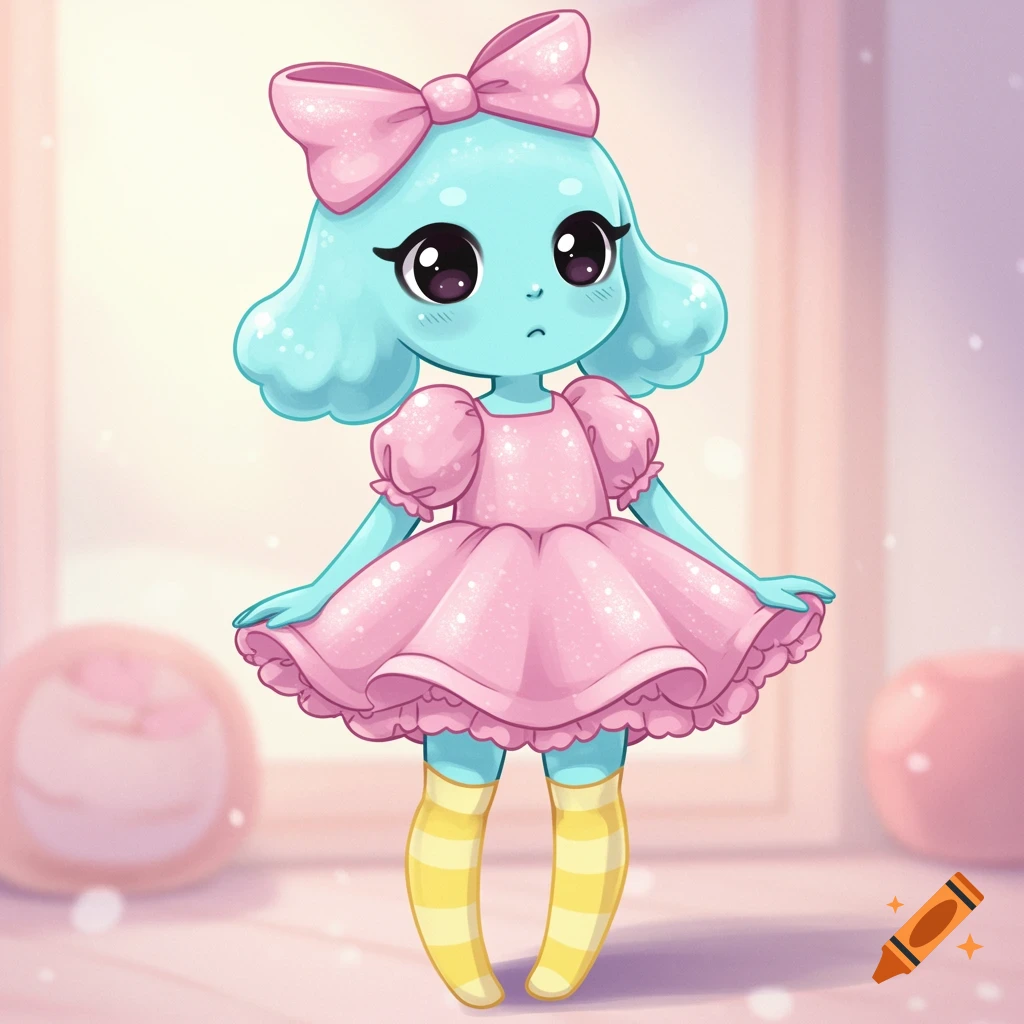 A cute, cartoony character with cyan skin, a pink bow, pink dress, and yellow striped socks stands indoors.