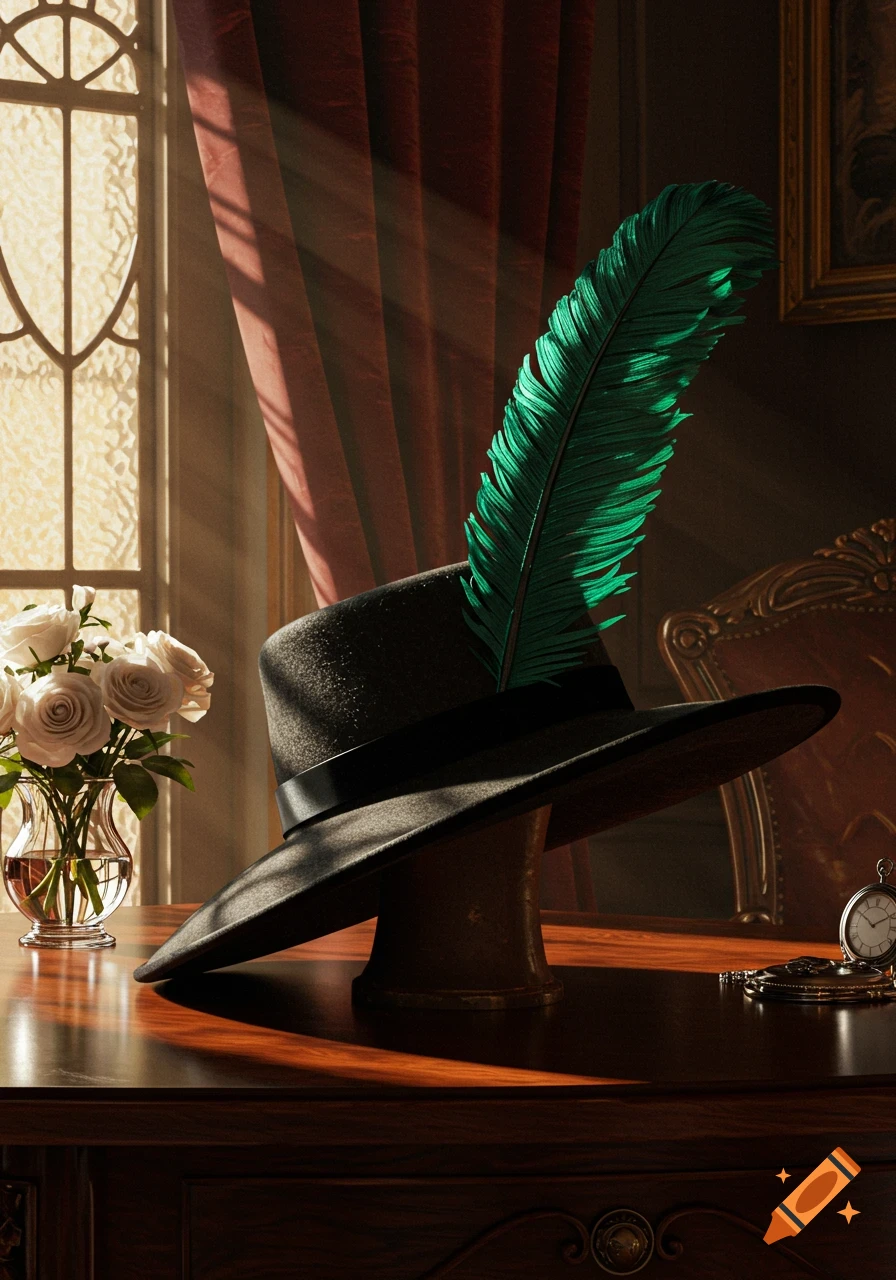 A photorealistic still life of a black hat with a green feather on a wooden desk with white roses and a pocket watch, lit by sunbeams.