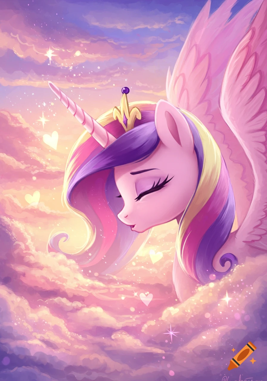 Pink alicorn Princess Cadance with a crown and colorful mane, eyes closed serenely amidst pastel pink and purple clouds with glowing hearts and stars.