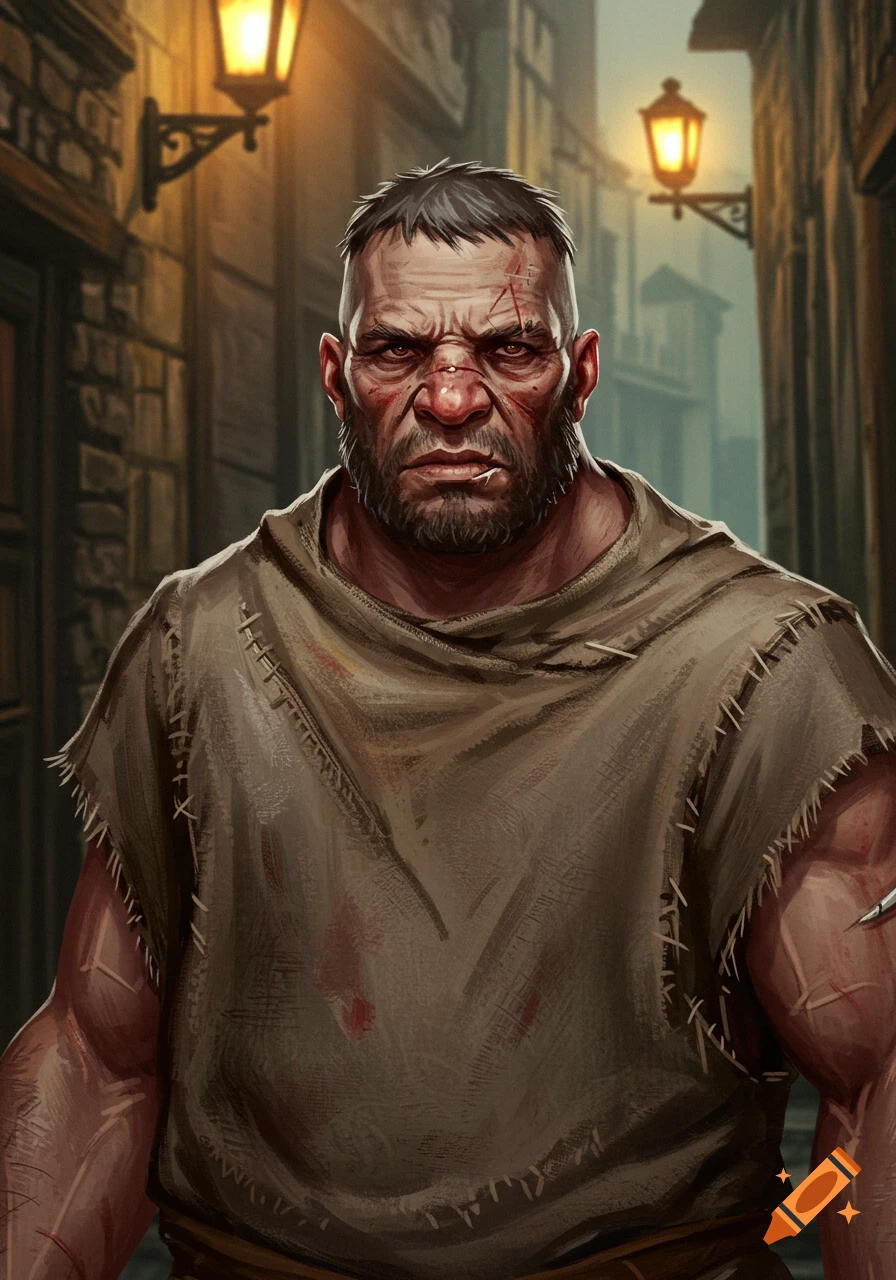 A close-up portrait of a gruff, heavily scarred man with a beard and short hair, wearing a tattered brown tunic, standing in a dark alley with street lamps, in a fantasy art style.