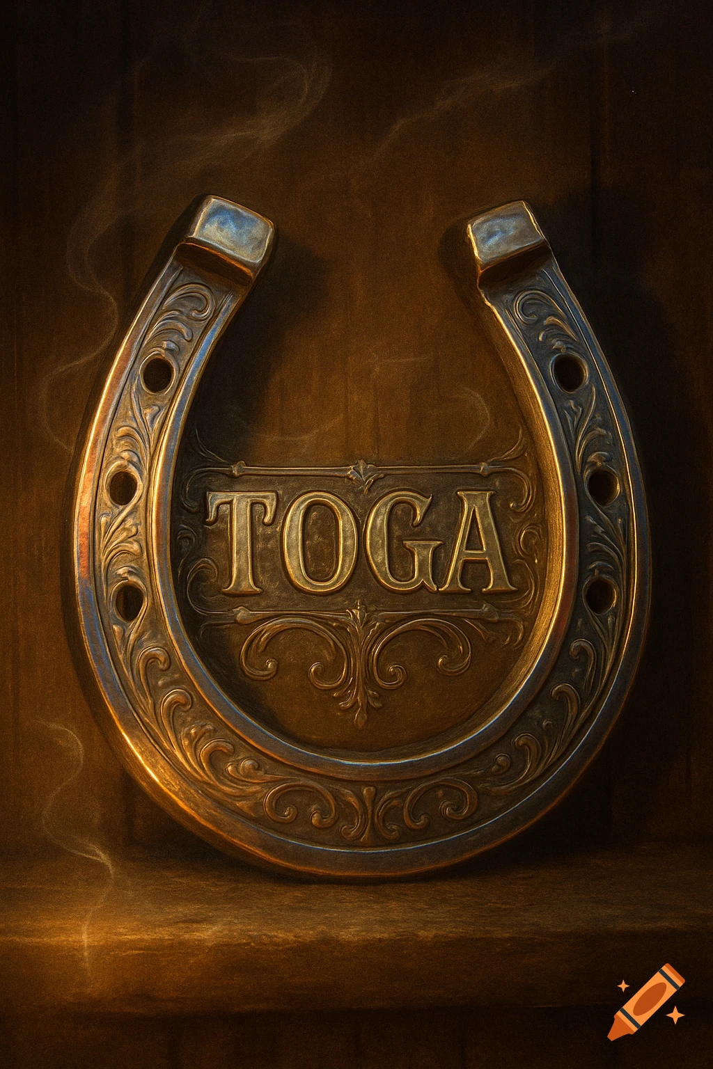 A detailed ornate brass horseshoe with the word TOGA embossed in the center, set against a dark background with a warm glow.