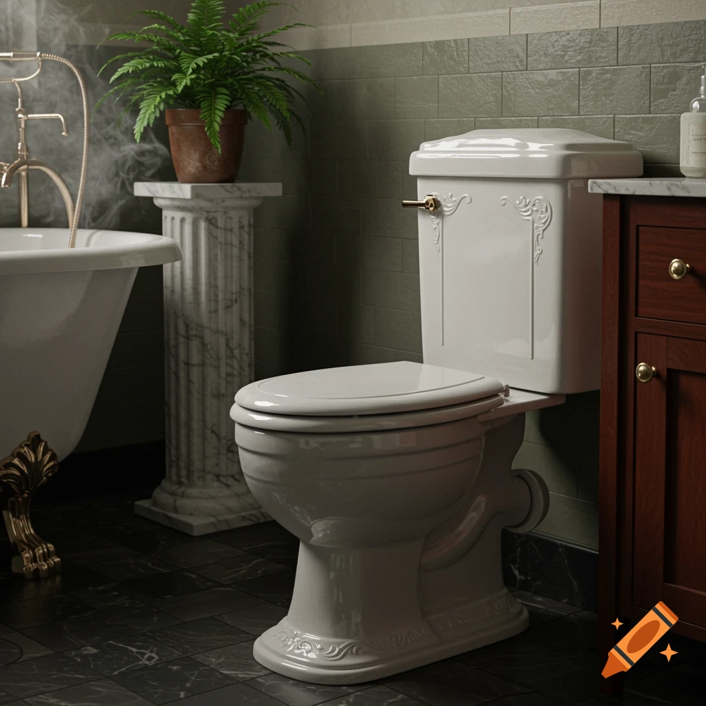 Photorealistic view of a vintage bathroom with a white ornate toilet, clawfoot tub, and a fern on a marble pedestal.