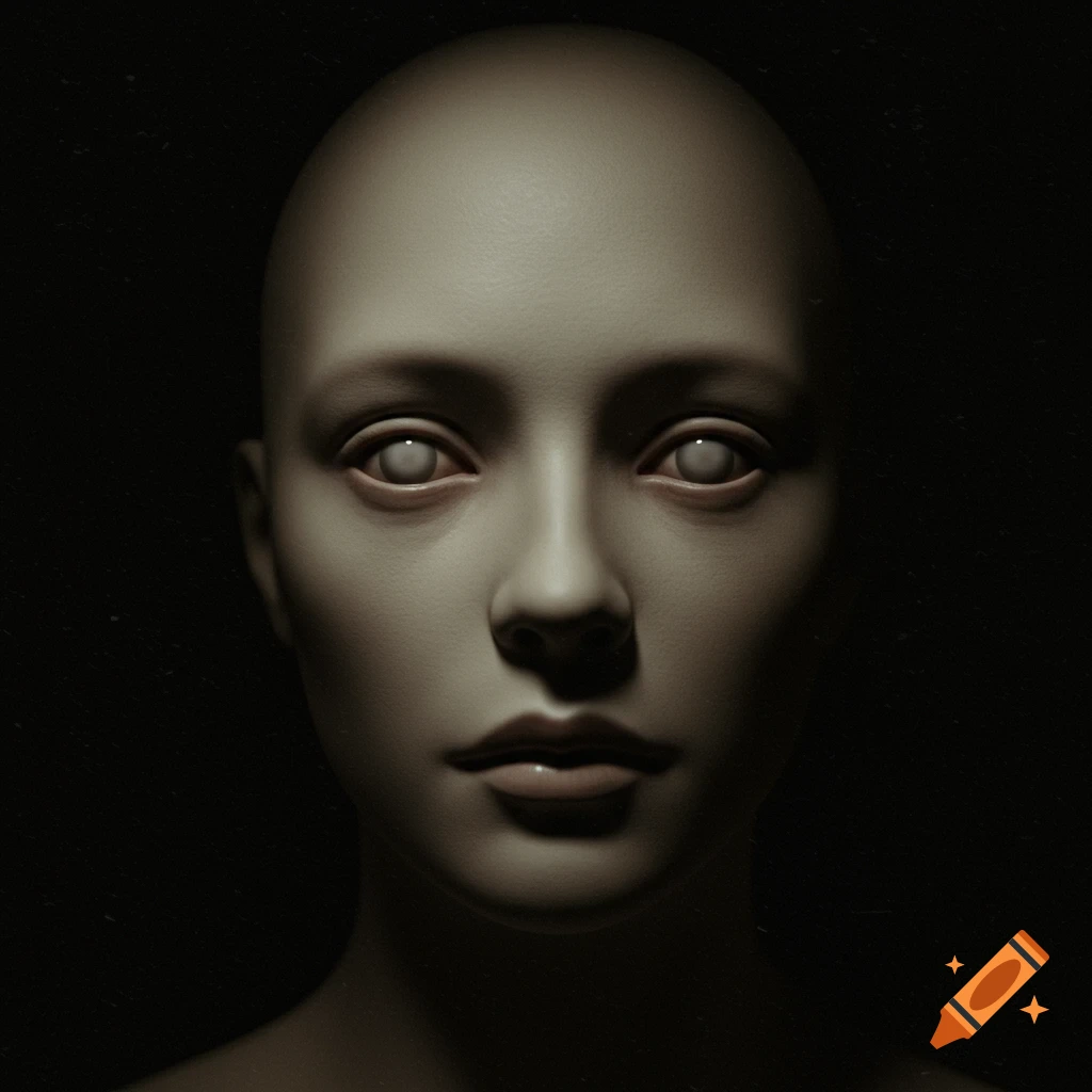 Close-up, dimly lit, grainy photo of a bald, pale, mannequin-like face with blank white eyes, creating an uncanny valley effect.