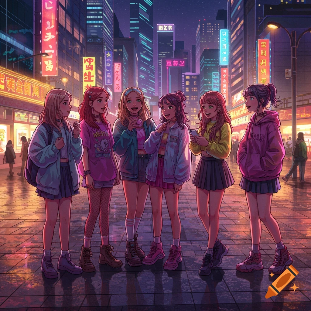 Six anime-style teen girls in trendy outfits socialize on a vibrant, neon-lit city street at night.