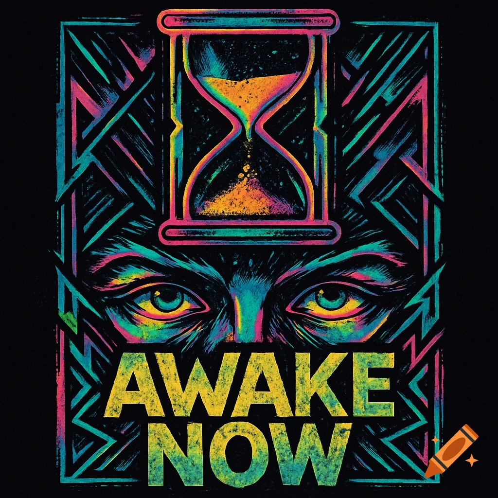 A vibrant, neon-colored graphic design featuring an hourglass above a pair of stylized eyes, with the words 'AWAKE NOW' below, all within a geometric border on a black background.