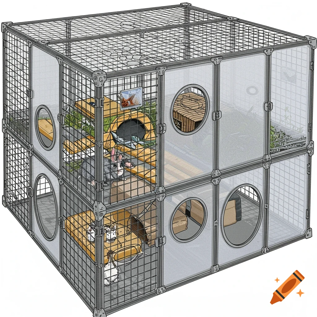 An isometric illustration of a multi-level rabbit enclosure made of metal wire and translucent plastic panels with circular cutouts, housing two rabbits.