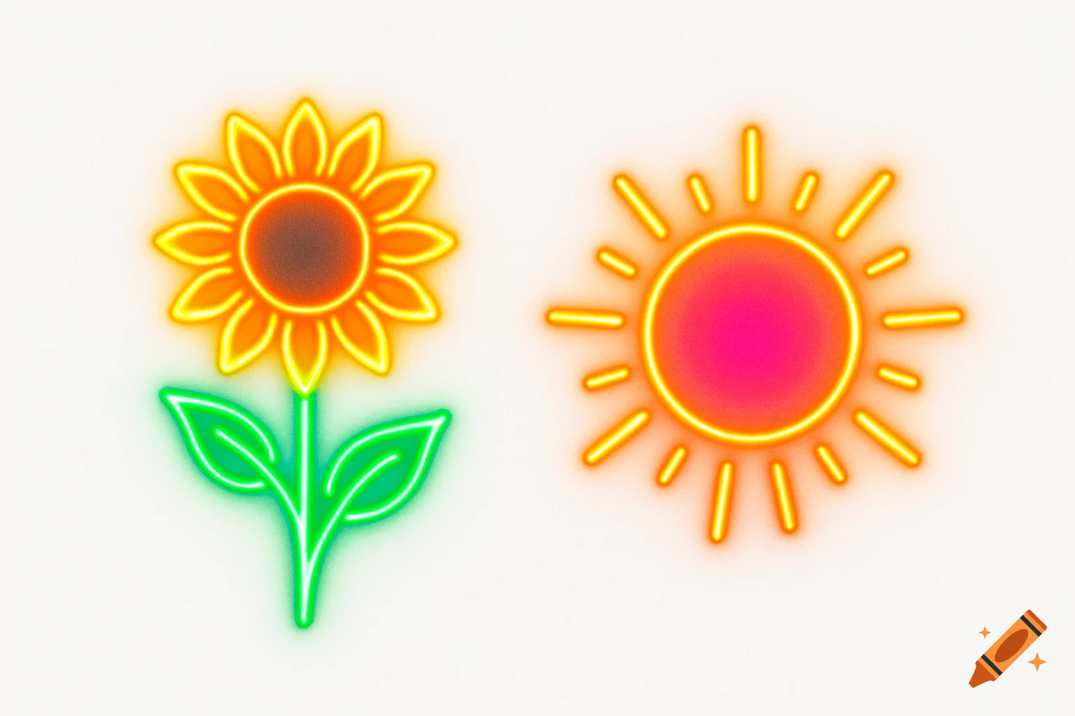 A neon sunflower logo next to a neon sun logo on a white background.