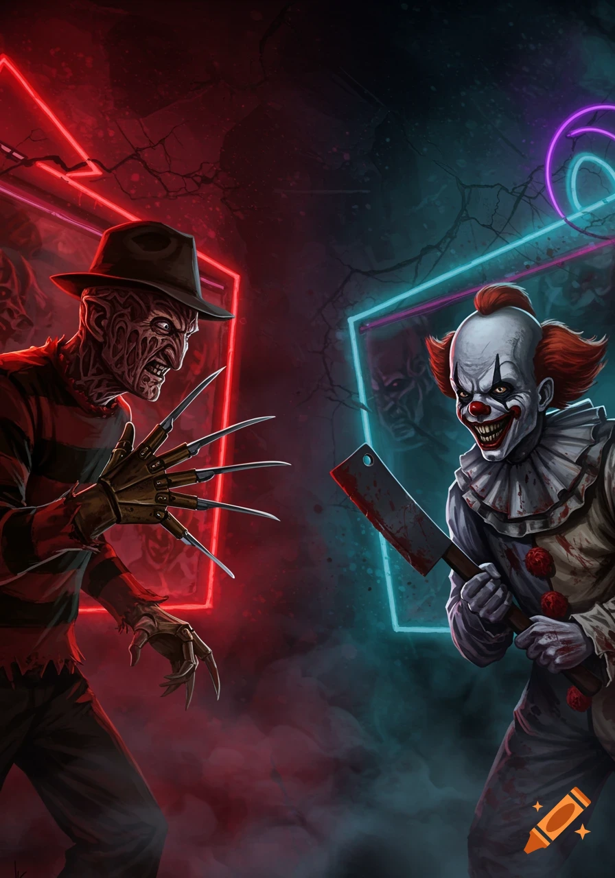 Stylized illustration of Freddy Krueger facing Pennywise the clown, framed by red and blue neon lights.