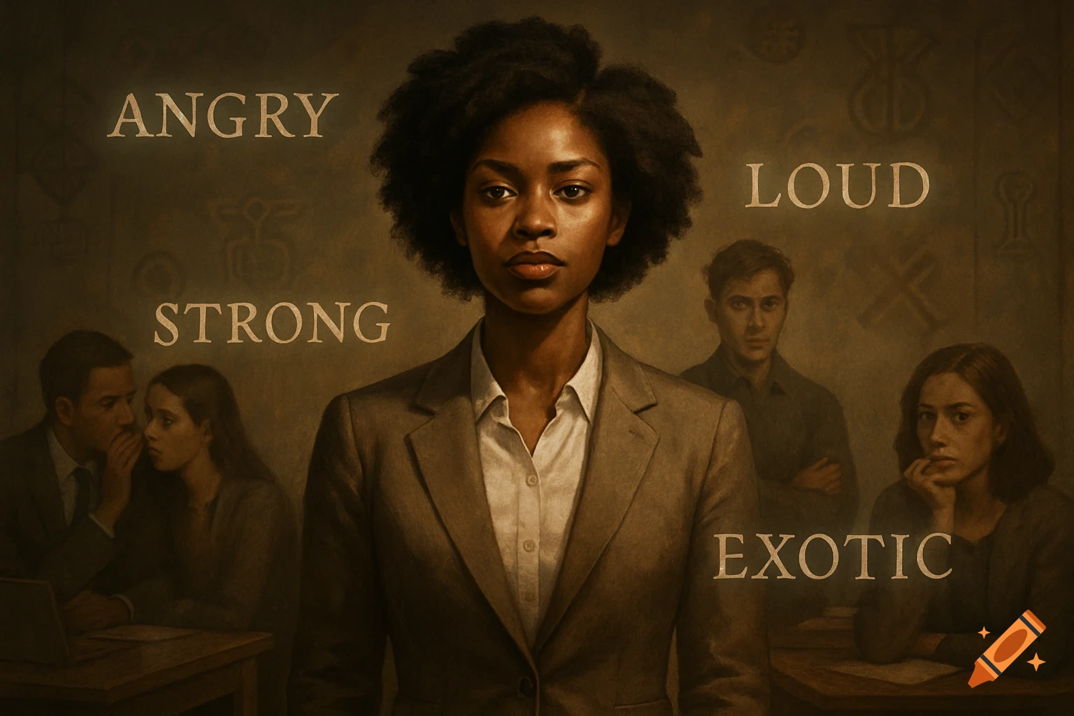 A somber painting of a Black woman in a suit, labeled 'ANGRY', 'LOUD', 'STRONG', 'EXOTIC', with whispering people in the background.