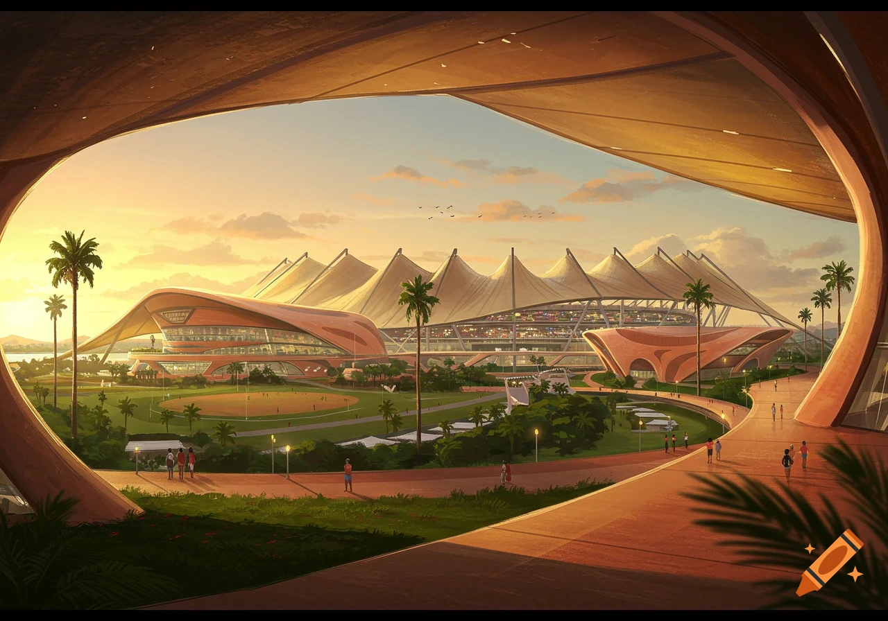 Futuristic Olympic stadium complex with curvilinear architecture and tented roofs, surrounded by tropical landscaping at sunset.