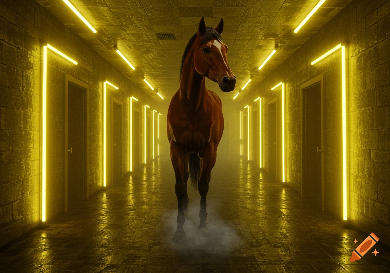 A brown horse stands in the center of a long, dimly lit hallway with yellow neon lights framing doorways on both sides, and mist around its feet.