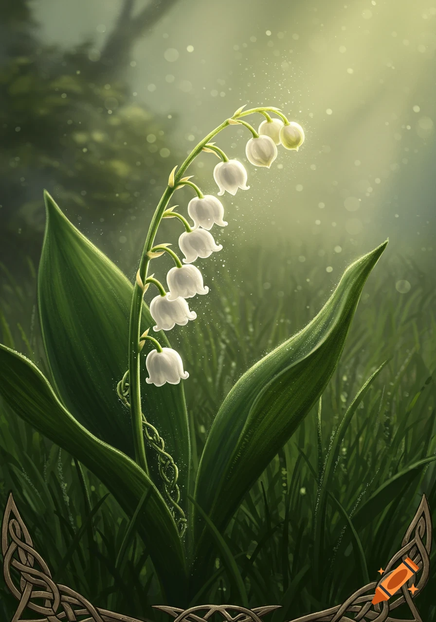 A vibrant lily of the valley plant with glowing white bells blooms in a misty green forest, framed by a Celtic knot border.