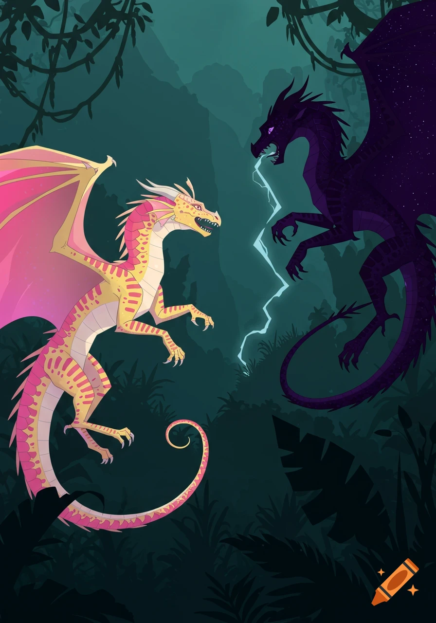 A stylized illustration of a yellow and pink dragon facing a dark purple dragon with lightning between them in a dark jungle.