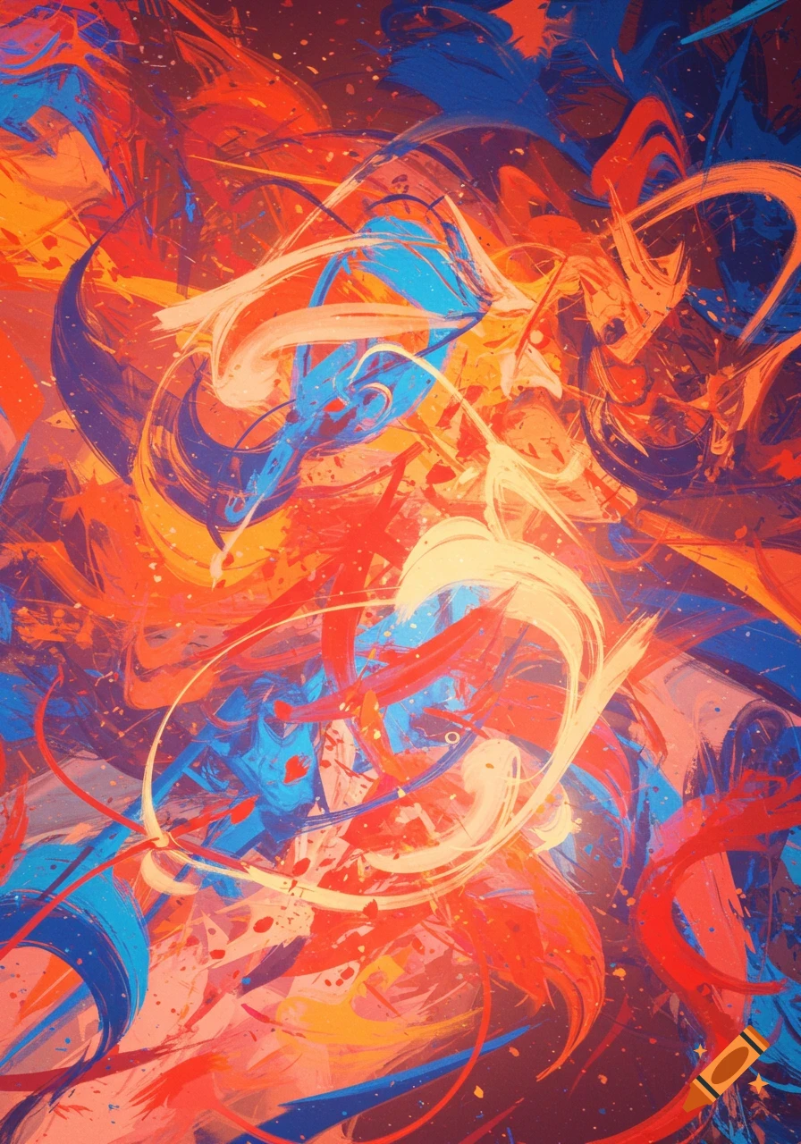 A vibrant abstract painting with energetic brushstrokes in red, orange, blue, and white.